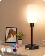 19" Black Glass Touch Table Lamp Dimmable USB-A+C